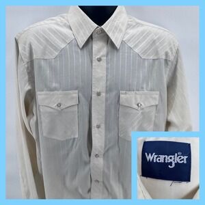 Vintage Wrangler Mens Cream Western Pearl Snap Long Sleeve Shirt Size L